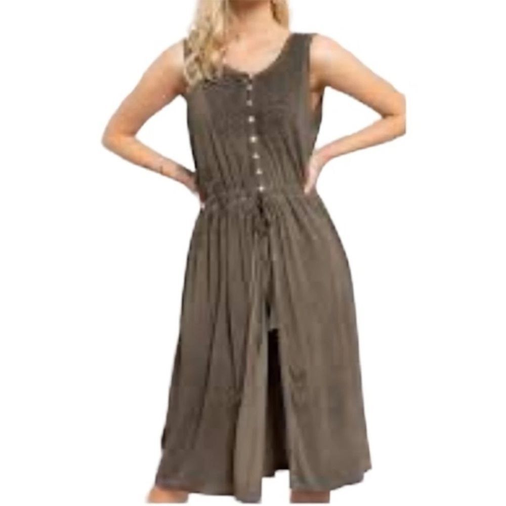 NEW Pol Boho Embroidered Mineral Wash MIDI Dress Olive Green Large